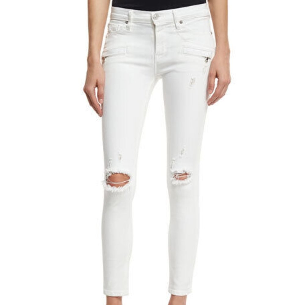 Hudson Roe Mid-Rise Super‎ Skinny Ankle Jeans Ripped Knee Stretch Ivory Women 27